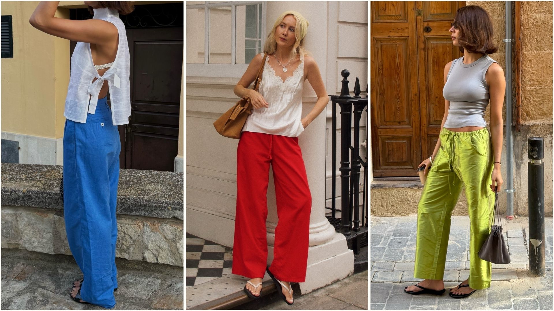 A collage of the biggest summer trouser colour trends of 2026, including cobalt blue, red and chartreuse. 