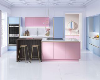 pastel kitchen scheme with pink and blue color contrast units