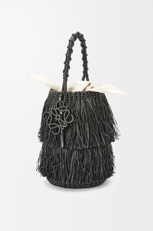 Frayed Bucket Bag in Raffia and Calfskin