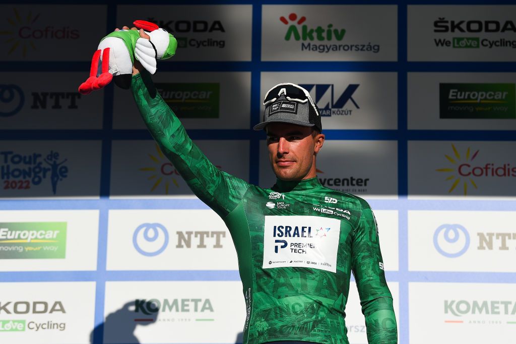 NYIREGYHAZA HUNGARY MAY 13 Rudy Barbier of France and Team Israel Premier Tech celebrates winning the green points jersey on the podium ceremony after the 43rd Tour de Hongrie 2022 Stage 3 a 154km stage from Sarospatak to Nyiregyhaza tourdehongrie on May 13 2022 in Nyiregyhaza Hungary Photo by Dario BelingheriGetty Images