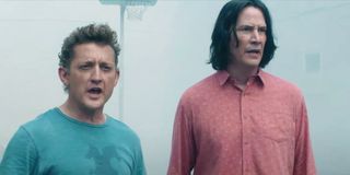 Bill (Alex Winters) and Ted (Keanu Reeves) stand on a foggy basketball court and look confused in 'B