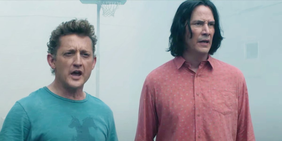 Bill (Alex Winters) and Ted (Keanu Reeves) stand on a foggy basketball court and look confused in &#039;B