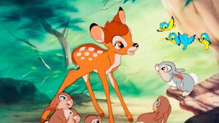 Bambi (center) surrounded by Thumper and other rabbits and birds in Bambi
