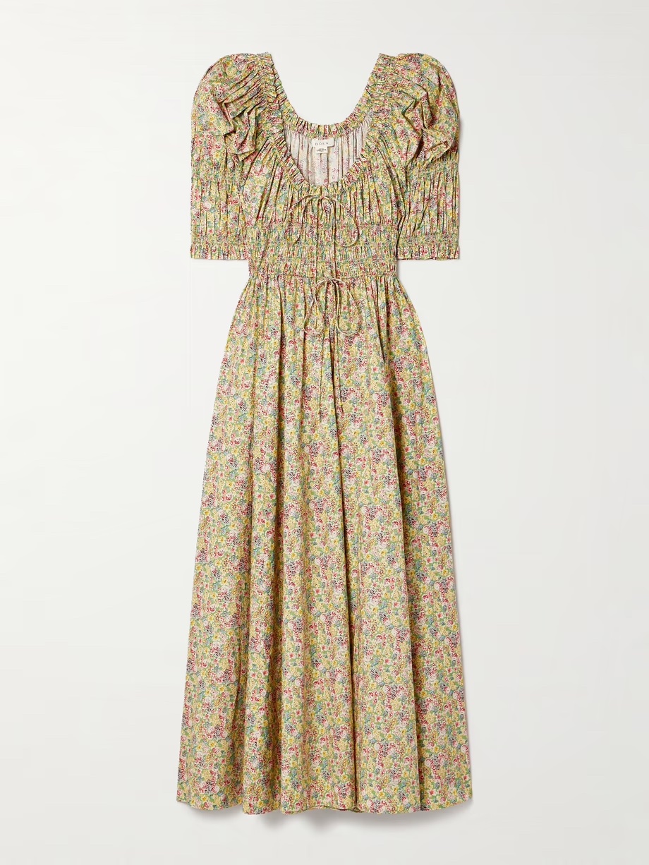 DÔEN, Ischia Shirred Floral-Print Cotton-Voile Midi Dress