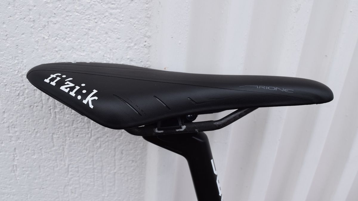 The all black Fizik Arione saddle works well with the BMC Racing colours