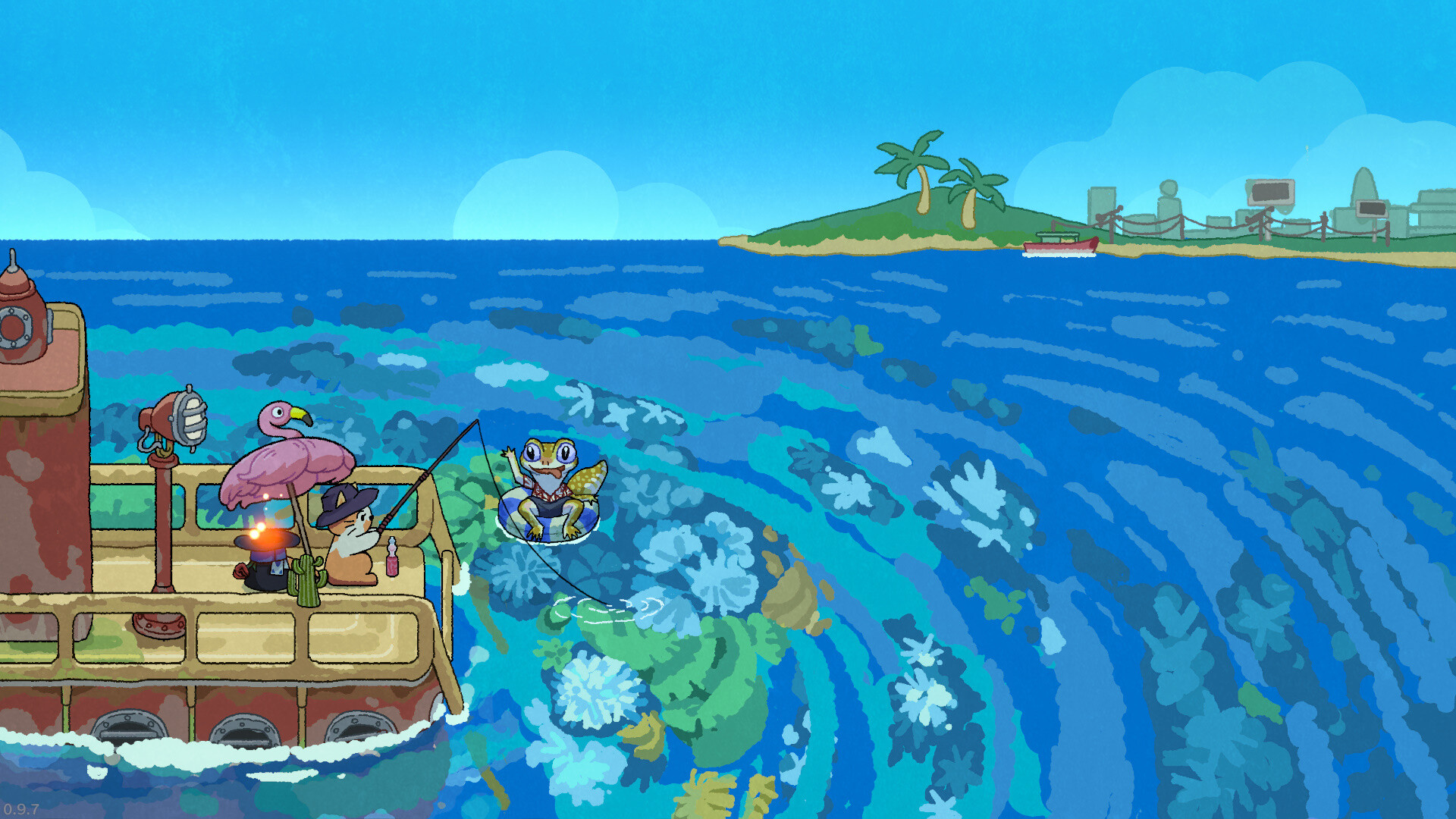 A cat sitting on a rusty old ship fishing into the ocean with a tropical island in the background, from videogame Fischer&#039;s Fishing Journey.