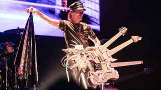 American guitarrist Steve Vai performs during a concert as part of the 'Inviolate Tour' at Auditorio Pabellon M on June 23, 2023 in Monterrey, Mexico