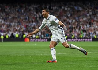 Cristiano Ronaldo celebrates after scoring for Real Madrid against Bayern Munich in the Champions League in April 2017.