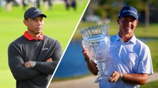 Tiger Woods stands with his arms folded (left) and Karl Vilips holds up the 2025 Puerto Rico Open trophy (right)