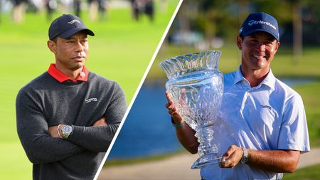 Tiger Woods stands with his arms folded (left) and Karl Vilips holds up the 2025 Puerto Rico Open trophy (right)