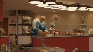 The Thing preparing dinner in a kitchen with HERBIE in The Fantastic Four: First Steps