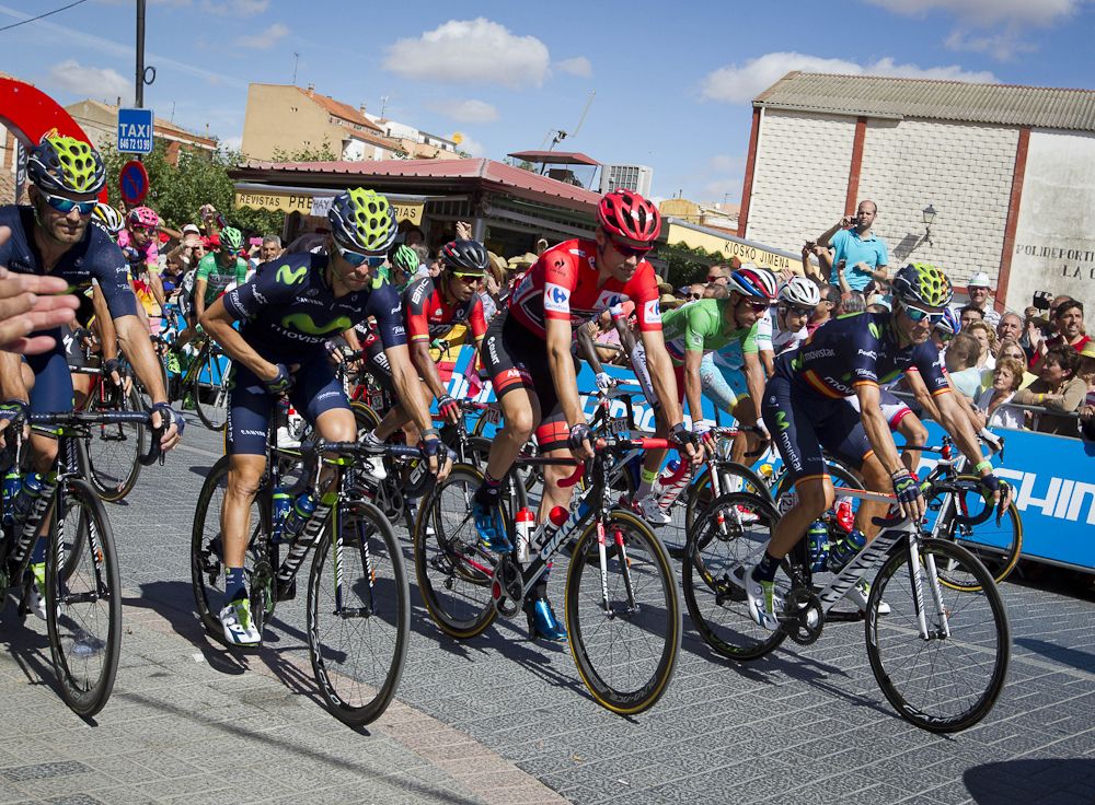 Riders take off for the start of stage 18 at the 2015 Vuelta a Espana.