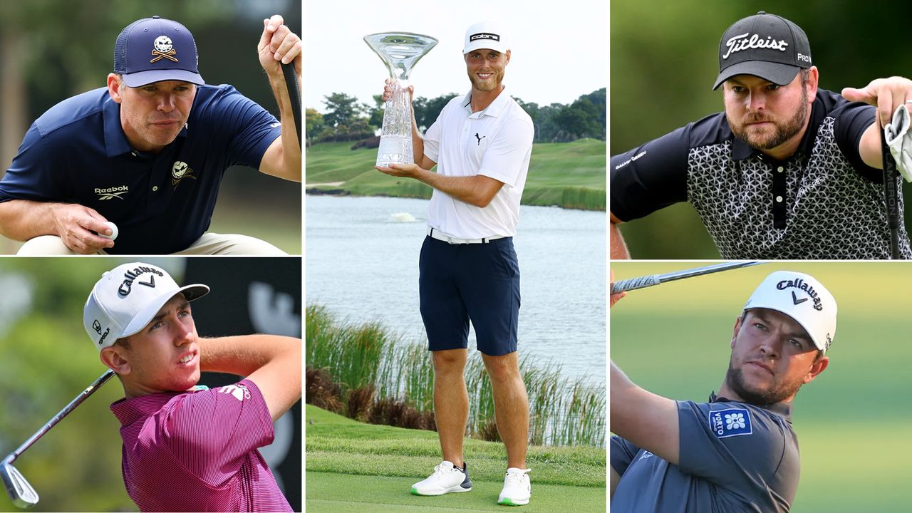 Paul Casey (top left), Tom McKibbin (bottom left), Jordan Smith (top right), Sam Bairstow (bottom right) and Jespen Svensson holding the Singapore Classic trophy (centre)