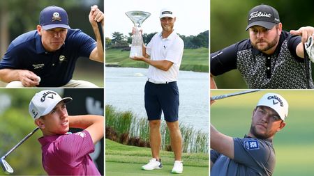 Paul Casey (top left), Tom McKibbin (bottom left), Jordan Smith (top right), Sam Bairstow (bottom right) and Jespen Svensson holding the Singapore Classic trophy (centre)