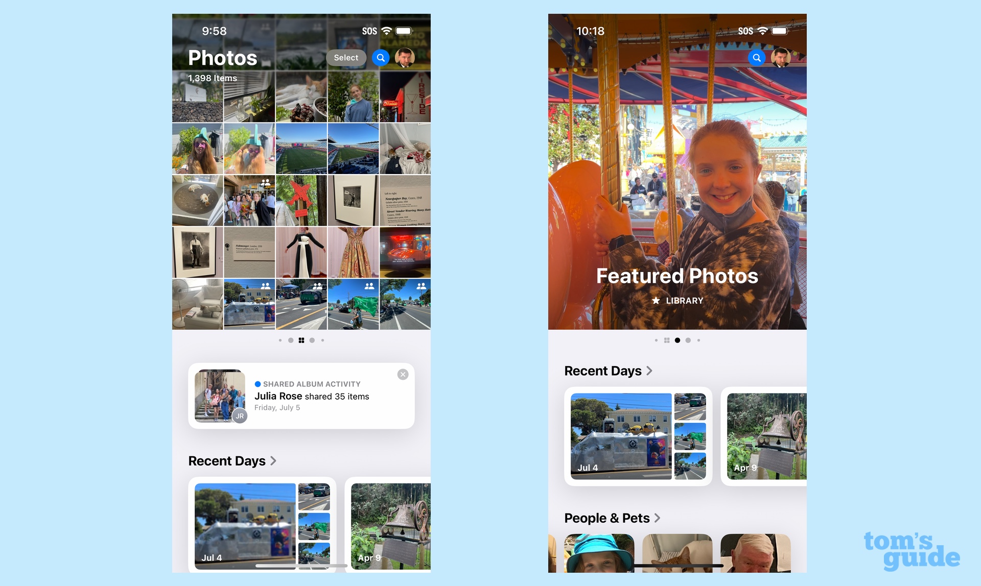 Two shots of the redesigned Photos app in iOS 18 showing the layout