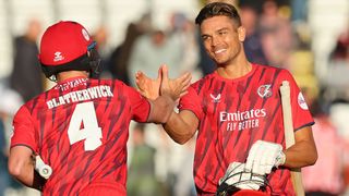 Chris Green (R) and Jack Blatherwick (L) of Lancashire Lightning celebrate victory during the Vitality Blast Men's T20 match between Durham Cricket and Lancashire Lightning