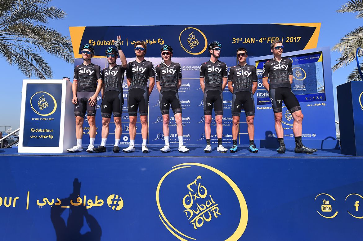 Team Sky at the start of stage 2 of the Dubai Tour