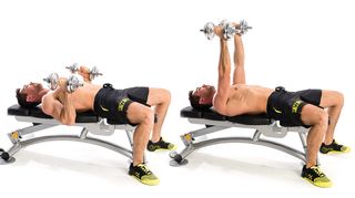 Man demonstrates two positions of the hammer grip dumbbell bench press