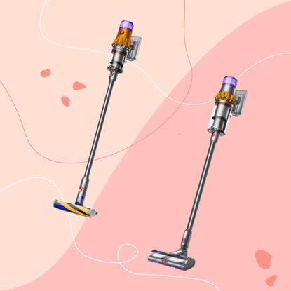 Dyson V12 Detect Slim Absolute and Dyson V15 Detect Absolute cordless vacuums on pink background