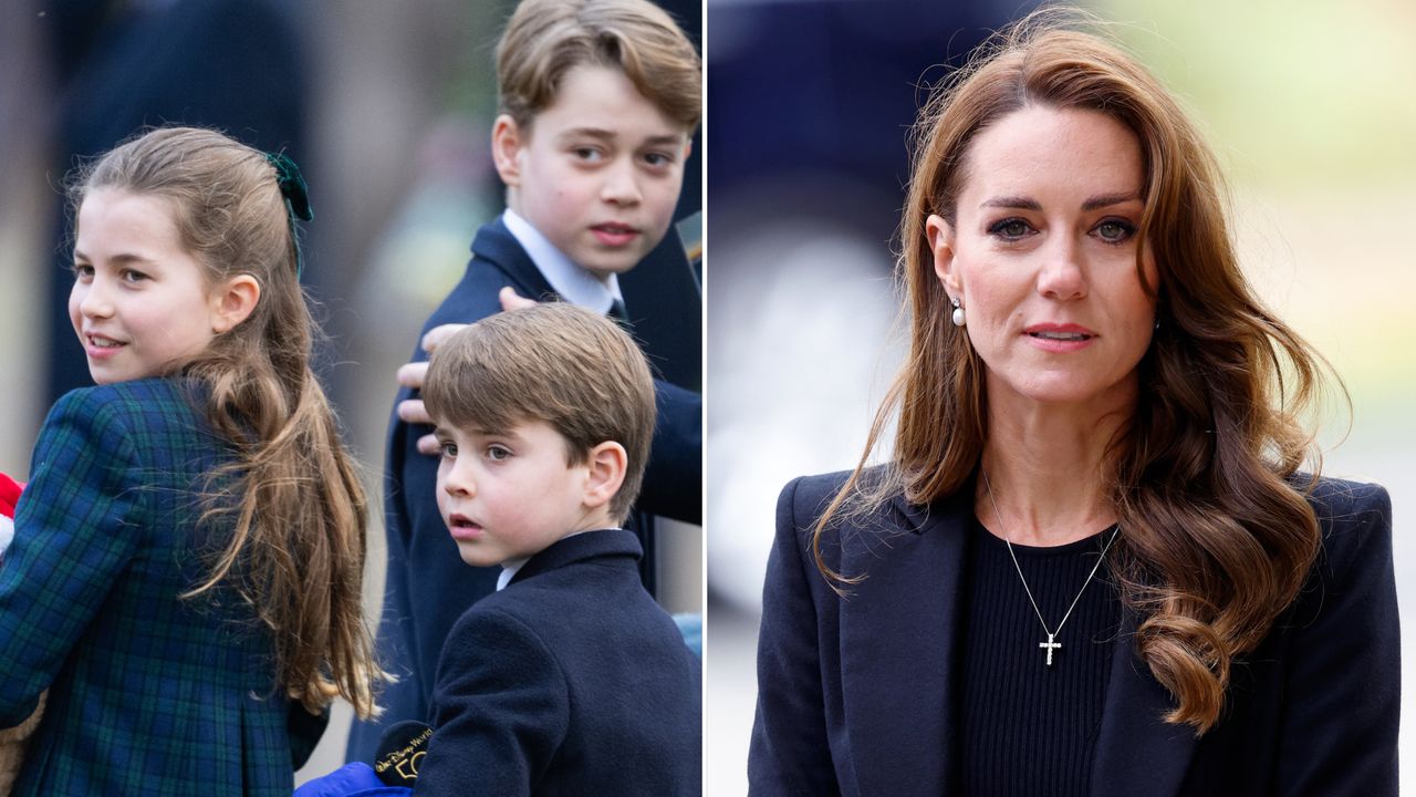 Prince George and Prince Louis wear dark suits and Princess Charlotte wears a tartan coat on Christmas Day in Sandringham, and Princess Kate looks sad while a black jacket and black top