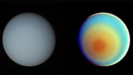 Two side by side images of the planet Uranus. The one on the left is a pale blue sphere while the one on the right has concentric circles of orange, yellow and green and dark blue to show the various layers of its atmosphere. Both are against a black background
