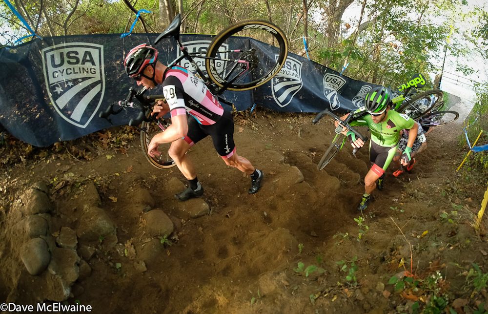Jeremy Powers (Aspire Racing) leading Curtis White (Cannondale) mid-race on one of the run-ups