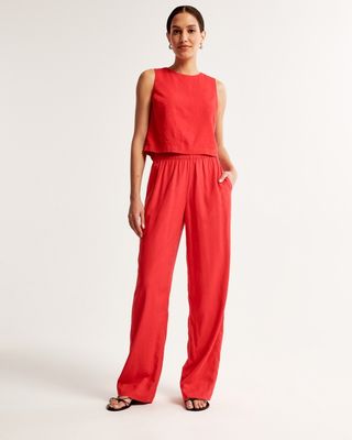 Red Linen-Blend Pull-On Pants