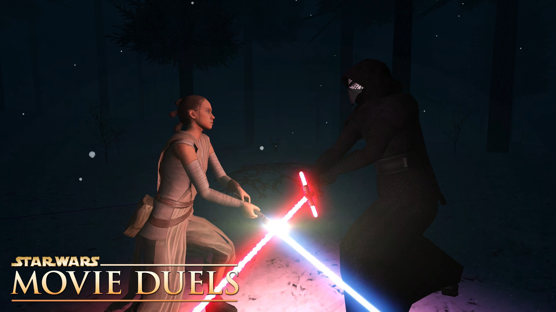 Rey locking sabers with Kylo Ren in a darkened forest