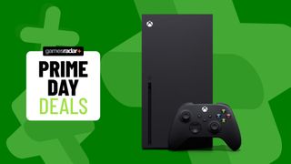 Xbox Series X on a green background with Prime Day deals badge