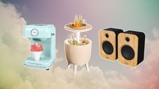 A snow cone maker, cooler, and speakers, all outdoor essentials, on a multicolored sky background