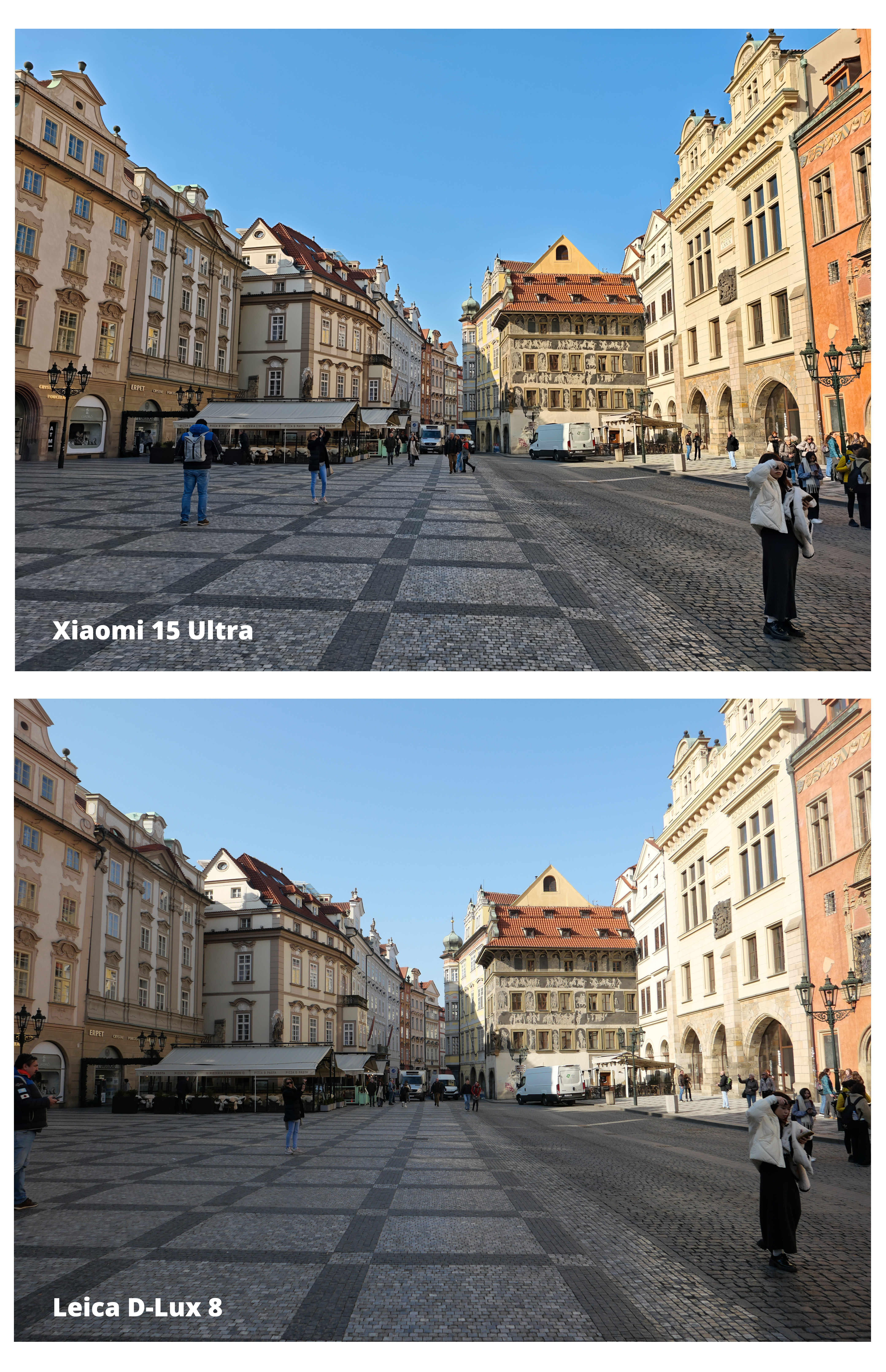 Two images of a street in Prague next to one another