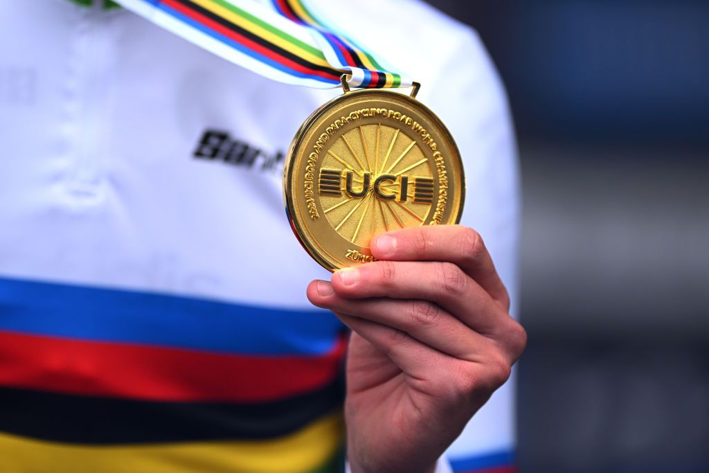 ZURICH SWITZERLAND SEPTEMBER 23 Detail view of Gold medalist Ivan Romeo of Team Spain on the podium during the 97th UCI Cycling World Championships Zurich 2024 Mens U23 Individual Time Trial a 299km one day race from Zurich to Zurich on September 23 2024 in Zurich Switzerland Photo by Dario BelingheriGetty Images
