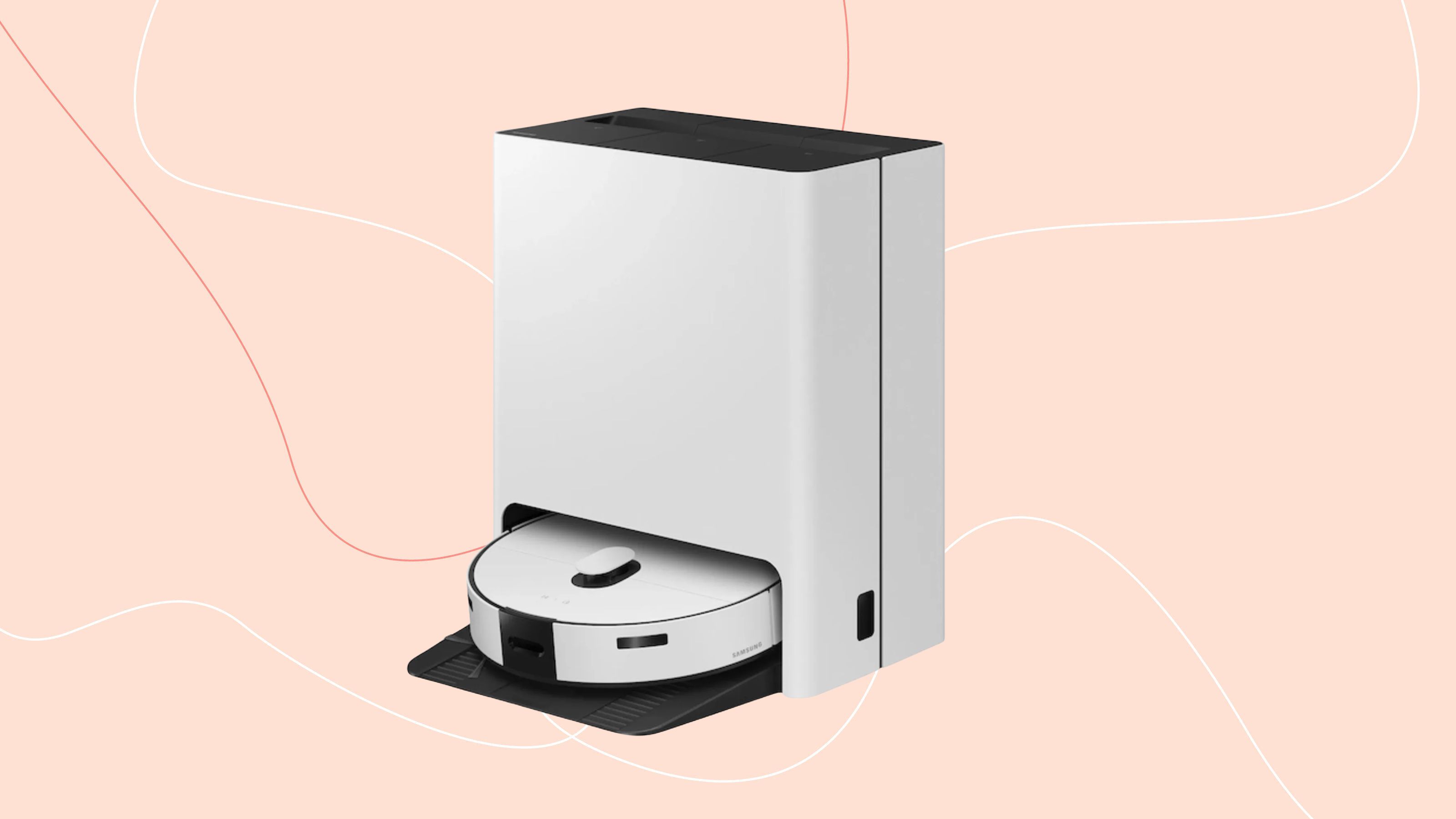 Samsung Bespoke Jet Bot Combo AI+ 3-in-1 Robot Vacuum Cleaner on a pink background