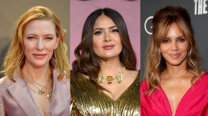 Collage of three celebrities skincare routines we would like to follow - salma hayek halle berry and cate blanchett