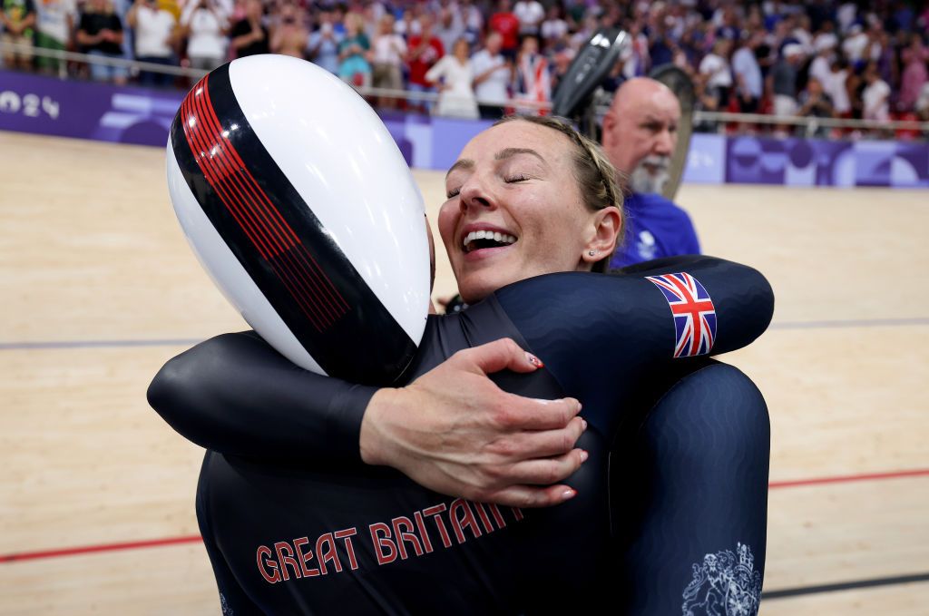 PARIS FRANCE AUGUST 05 Katy Marchant of Team Great Britain celebrates as Gold medal winner during the Womens Team Sprint Finals on day ten of the Olympic Games Paris 2024 at SaintQuentinenYvelines Velodrome on August 05 2024 in Paris France Photo by Alex BroadwayGetty Images