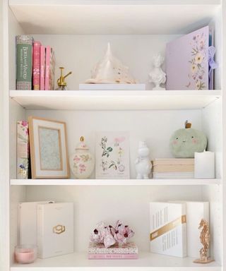a pristine white bookshelf with books and decorative items