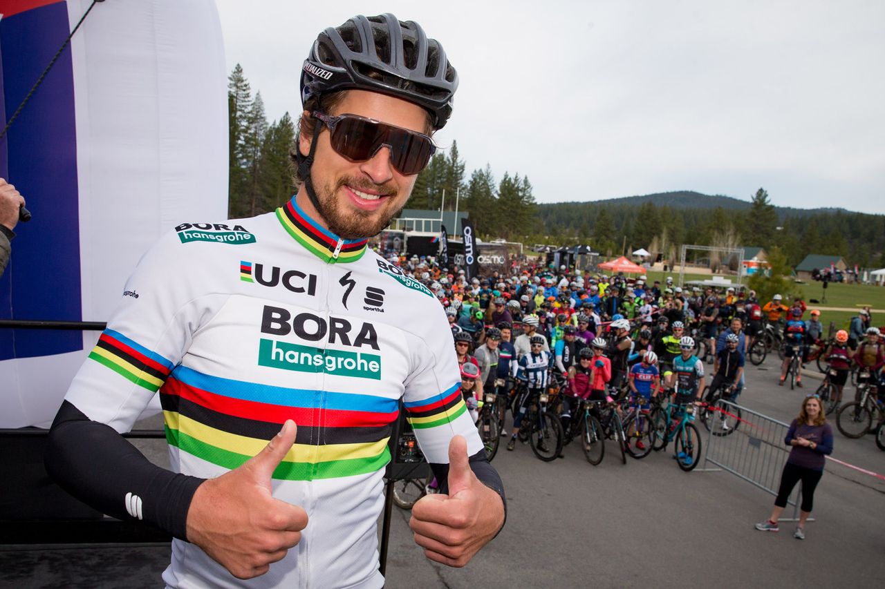 Peter Sagan talks to riders before the start of the Sagan Fondo on May 5, 2018 in Truckee, California.