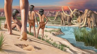 An illustration of the First Americas on the shores of an ancient lake with mammoths.