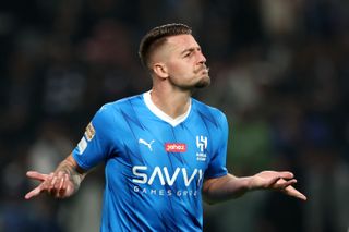 Sergej Milinkovic-Savic celebrates after scoring for Al-Hilal against Al-Nassr in February 2024.