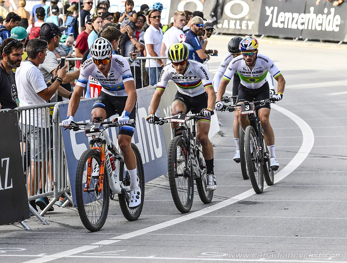 Final 4 start the last lap: Mathieu van der Poel (Corendon-Circus), Nino Schurter (Scott-SRAM MTB Racing), Henrique Avancini (Cannondale Factory Racing) and Maxime Marotte (Cannondale Factory Racing)