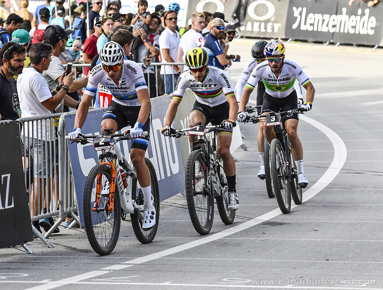 Final 4 start the last lap: Mathieu van der Poel (Corendon-Circus), Nino Schurter (Scott-SRAM MTB Racing), Henrique Avancini (Cannondale Factory Racing) and Maxime Marotte (Cannondale Factory Racing)