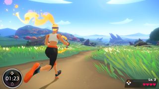 Bästa träningsspel: En skärmdump från träningsspelet Ring Fit Adventure, där en kvinna iklädd träningskläder springer över ett öppet fält en somrig dag.