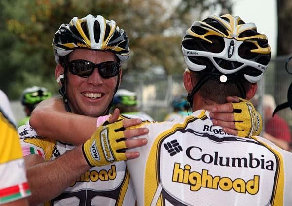 Mark Cavendish (Team Columbia-Highroad) is hugged after his win.