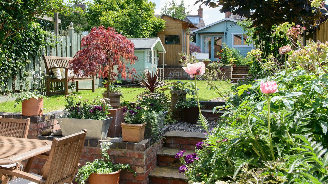 Summer garden with wooden table and chairs, plants, steps trees and shed