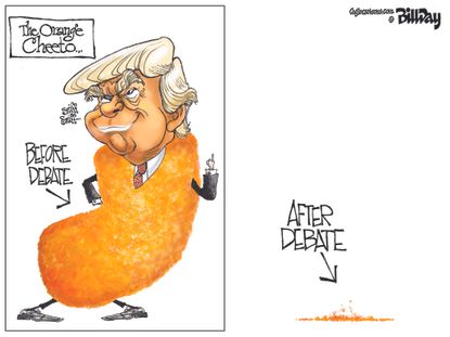 Political cartoon U.S. 2016 election Donald Trump orange cheeto before and after