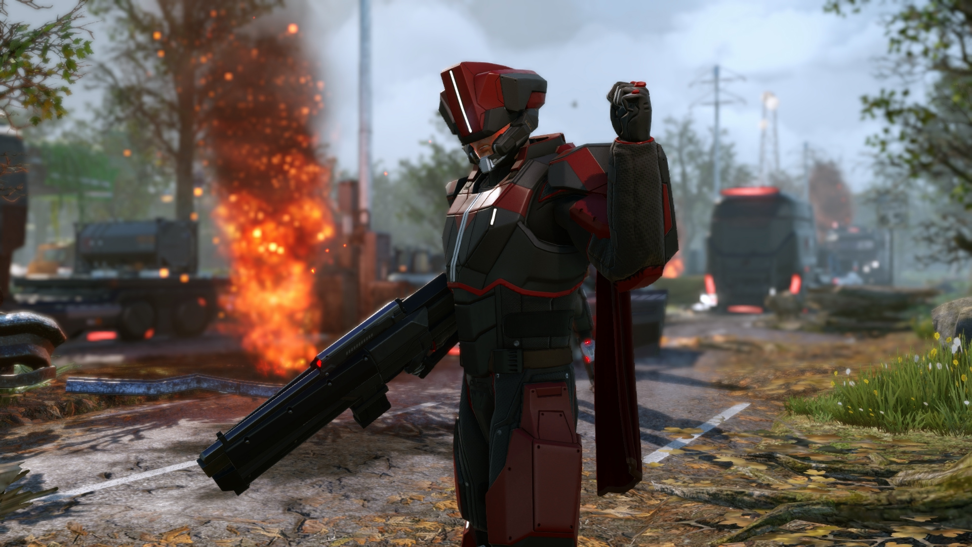 XCOM 2 screenshot showing an ADVENT officer giving commands in the wreckage of a convoy