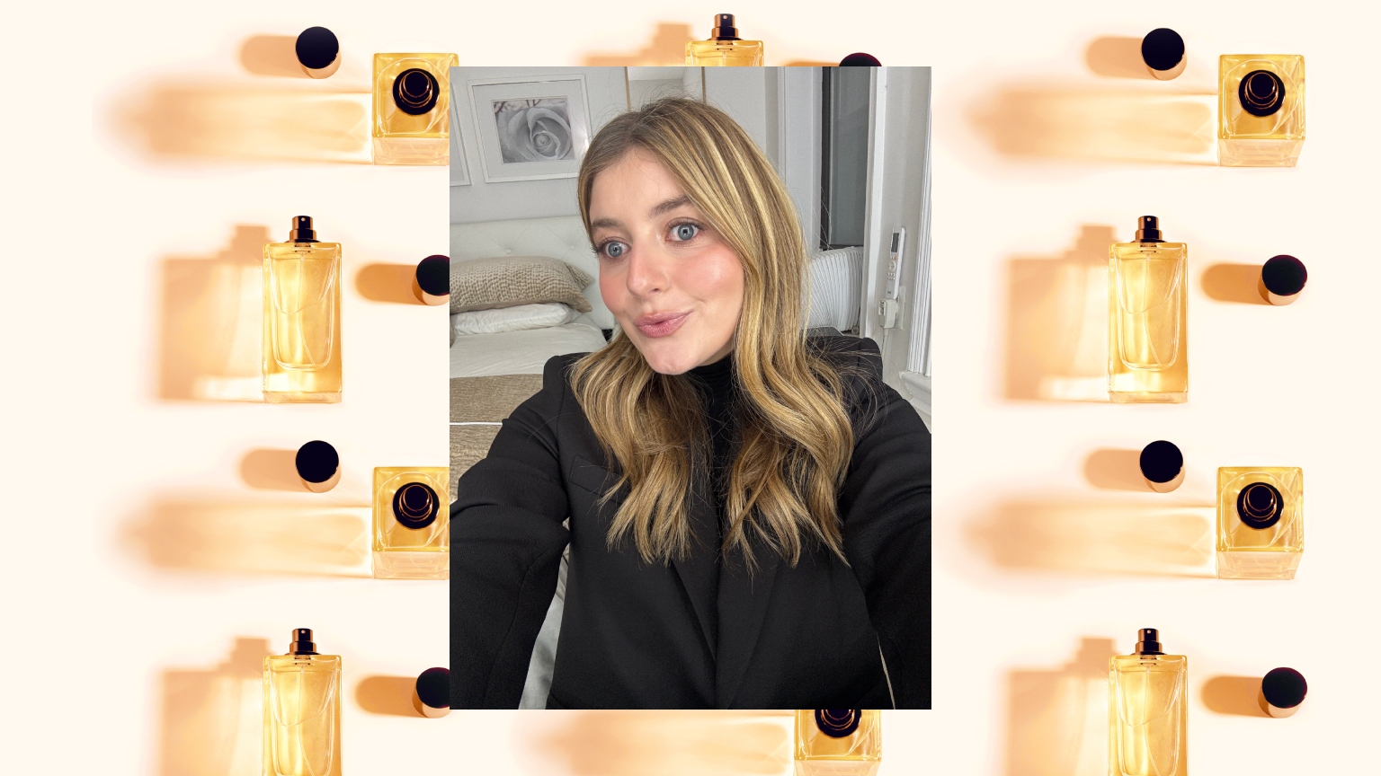 a woman with blonde hair wearing a black turtleneck over a gold and black perfume bottle design