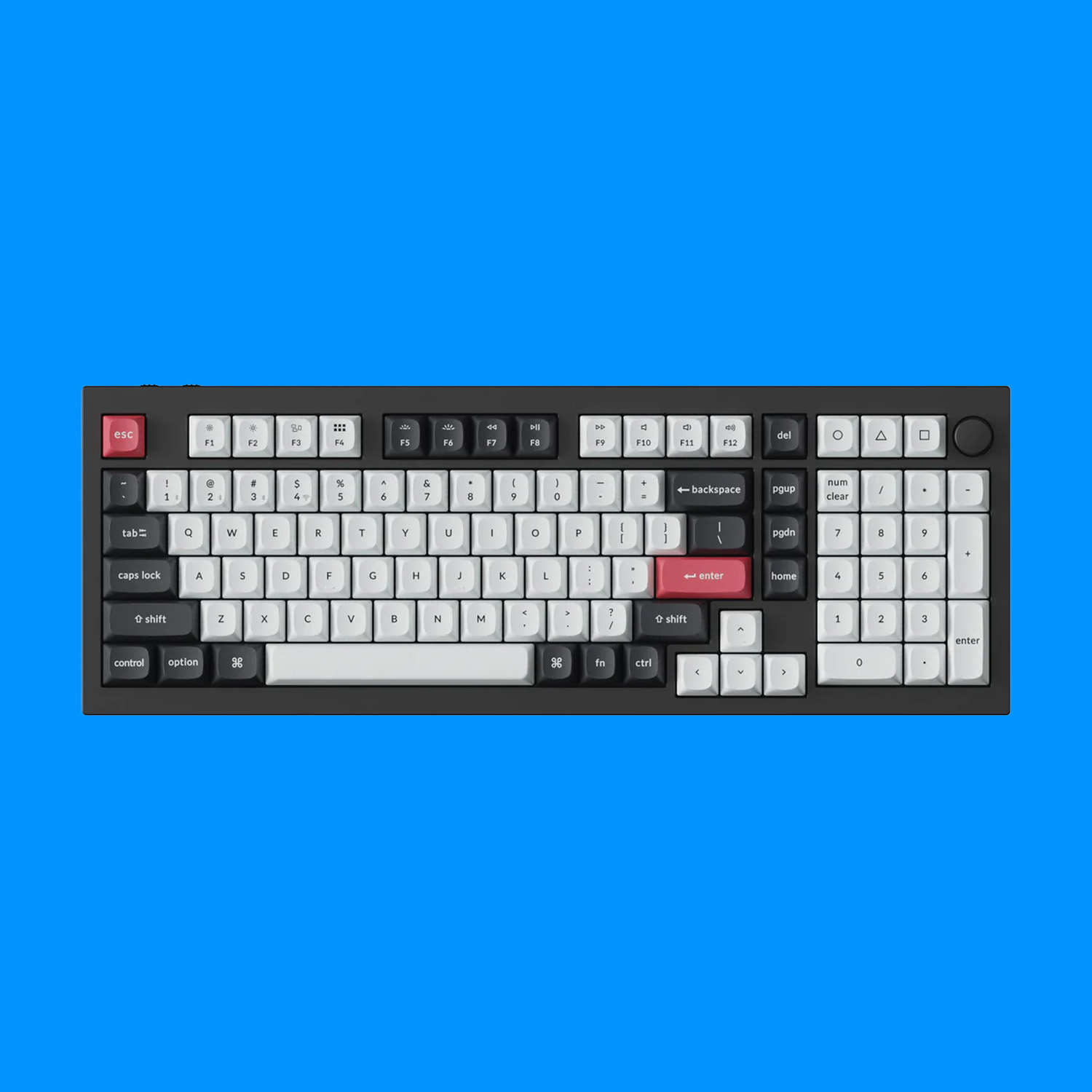 Keychron keyboard on blue background.