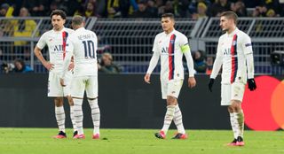 DORTMUND, GERMANY - FEBRUARY 18: (BILD ZEITUNG OUT) Marquinhos of Paris Saint-Germain, Neymar of Paris Saint-Germain, Thiago Silva of Paris Saint-Germain and Marco Verratti of Paris Saint-Germain looks dejected during the UEFA Champions League round of 16 first leg match between Borussia Dortmund and Paris Saint-Germain at Signal Iduna Park on February 18, 2020 in Dortmund, Germany. (Photo by Alex Gottschalk/DeFodi Images via Getty Images)