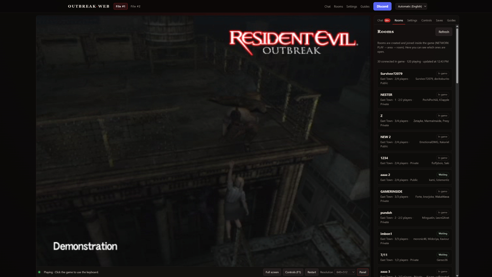 Screenshot of Outbreakweb Resident Evil Outbreak game with multiplayer rooms on left and demo gameplay in centre with Cindy hanging off a building.